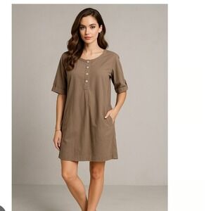 J Jill Khaki Button Roll Tab Sleeve Shirt Dress L Silk officecore breathable